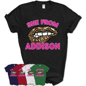 She From Addison Illinois Gift Cheetah Leopard Sexy Lips Shirt