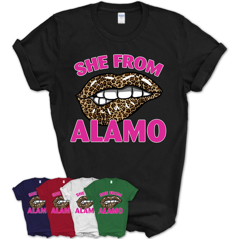 She From Alamo Texas Gift Cheetah Leopard Sexy Lips Shirt