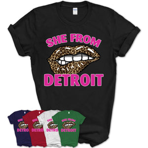 She From Detroit Michigan Gift Cheetah Leopard Sexy Lips Shirt
