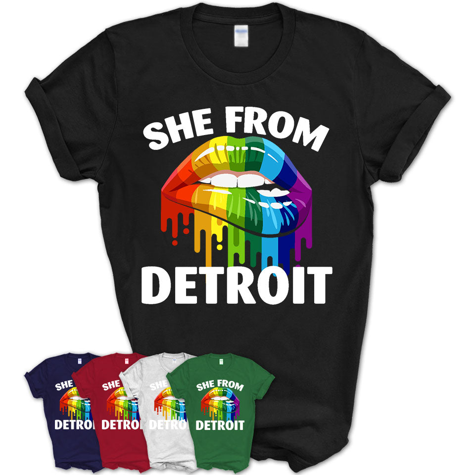 She From Detroit Michigan T-Shirt LGBT Pride Sexy Lips Gift Shirt