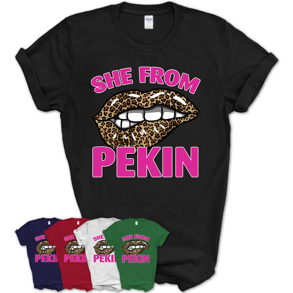 She From Pekin Illinois Gift Cheetah Leopard Sexy Lips Shirt