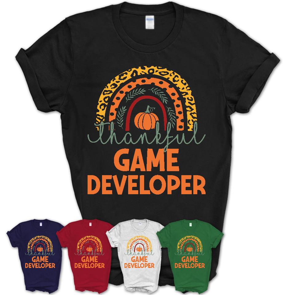 Thankful Game Developer Shirt, Pumpkin Rainbow Sweater for Fall Lovers, Thanksgiving Gift for Game Developer Women
