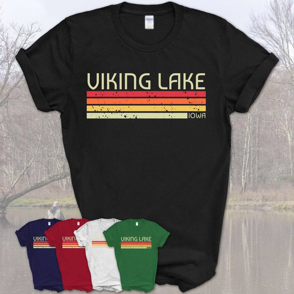Viking Lake Iowa Funny Fishing Camping Summer Retro Gift T-Shirt