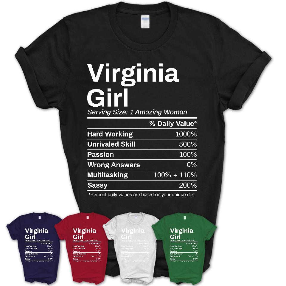 Virginia Girl Minnesota Nutrition Facts Proud Vintage Sport Born Living City Home Roots USA Gift Women T-Shirt