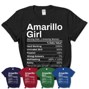 Amarillo Girl Texas Nutrition Facts Proud Vintage Sport Born Living City Home Roots USA Gift Women T-Shirt