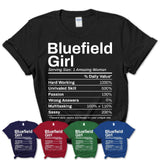 Bluefield Girl West Virginia Nutrition Facts Proud Vintage Sport Born Living City Home Roots USA Gift Women T-Shirt