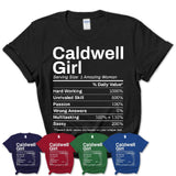 Caldwell Girl Idaho Nutrition Facts Proud Vintage Sport Born Living City Home Roots USA Gift Women T-Shirt