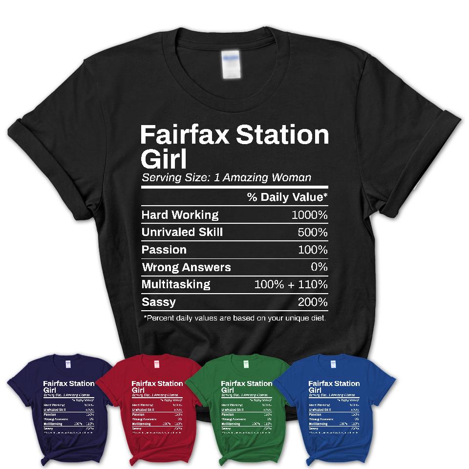 Fairfax Station Girl Virginia Nutrition Facts Proud Vintage Sport Born Living City Home Roots USA Gift Women T-Shirt