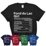 Fond du Lac Girl Wisconsin Nutrition Facts Proud Vintage Sport Born Living City Home Roots USA Gift Women T-Shirt