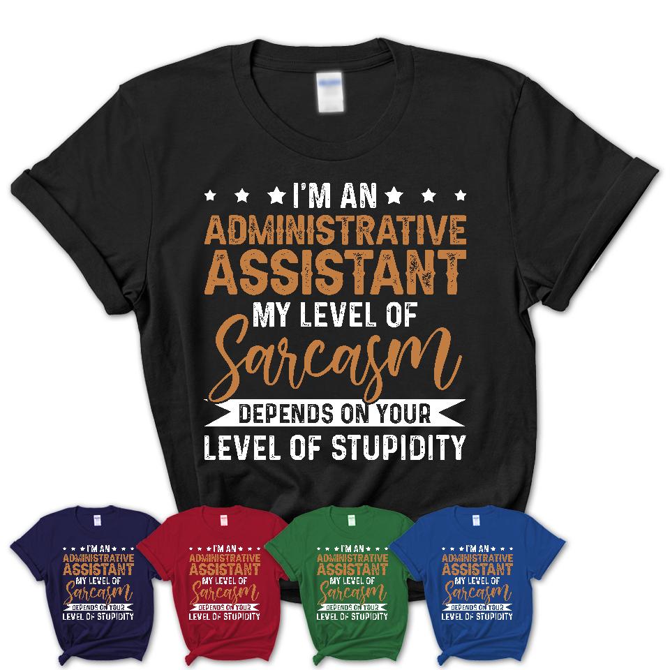 Funny Administrative Assistant Shirt My Level of Sarcasm Depends on Your Level Of Stupidity T Shirt