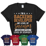 Funny Backend Developer Shirt My Level of Sarcasm Depends on Your Level Of Stupidity T Shirt