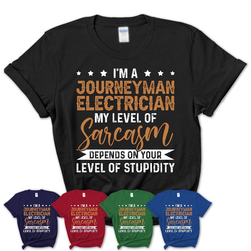 Womens T Shirt Funny Journeyman Electrician Shirt My Level of Sarcasm Depends on Your Level Of Stupidity T Shirt