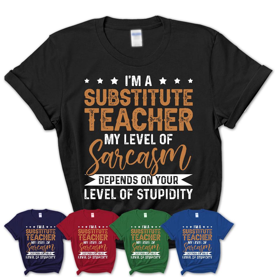 Funny Substitute Teacher Shirt My Level of Sarcasm Depends on Your Level Of Stupidity T Shirt