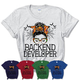 Halloween Backend Developer Shirt, Messy Bun Girl Shirt, Funny Coworker Gift in Halloween, Scary Costume Team Shirt