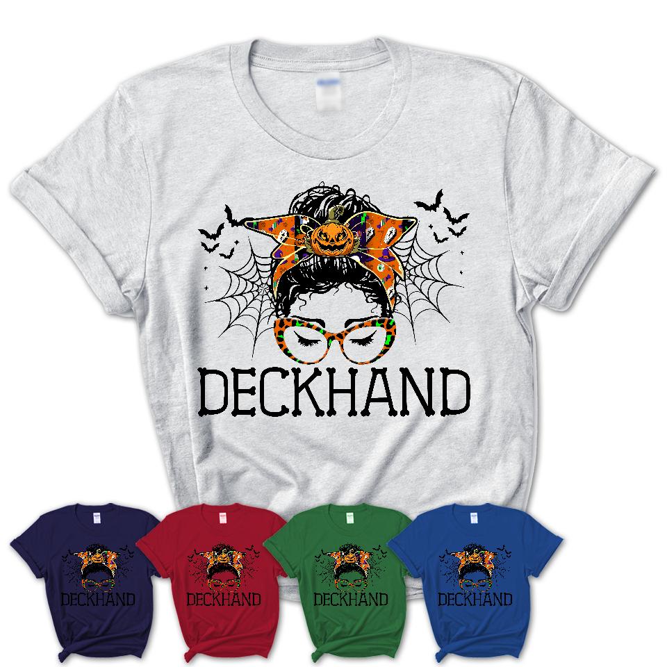 Halloween Deckhand Shirt, Messy Bun Girl Shirt, Funny Coworker Gift in Halloween, Scary Costume Team Shirt