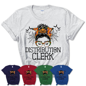 Halloween Distribution Clerk Shirt, Messy Bun Girl Shirt, Funny Coworker Gift in Halloween, Scary Costume Team Shirt