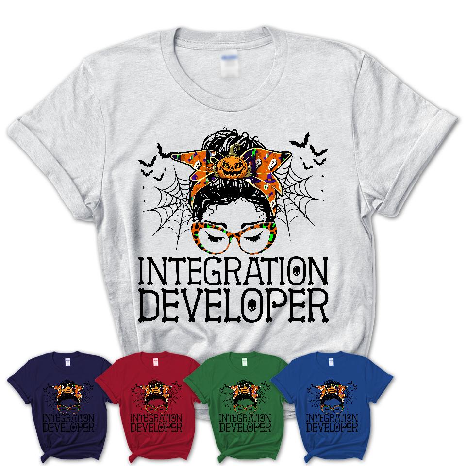 Halloween Integration Developer Shirt, Messy Bun Girl Shirt, Funny Coworker Gift in Halloween, Scary Costume Team Shirt
