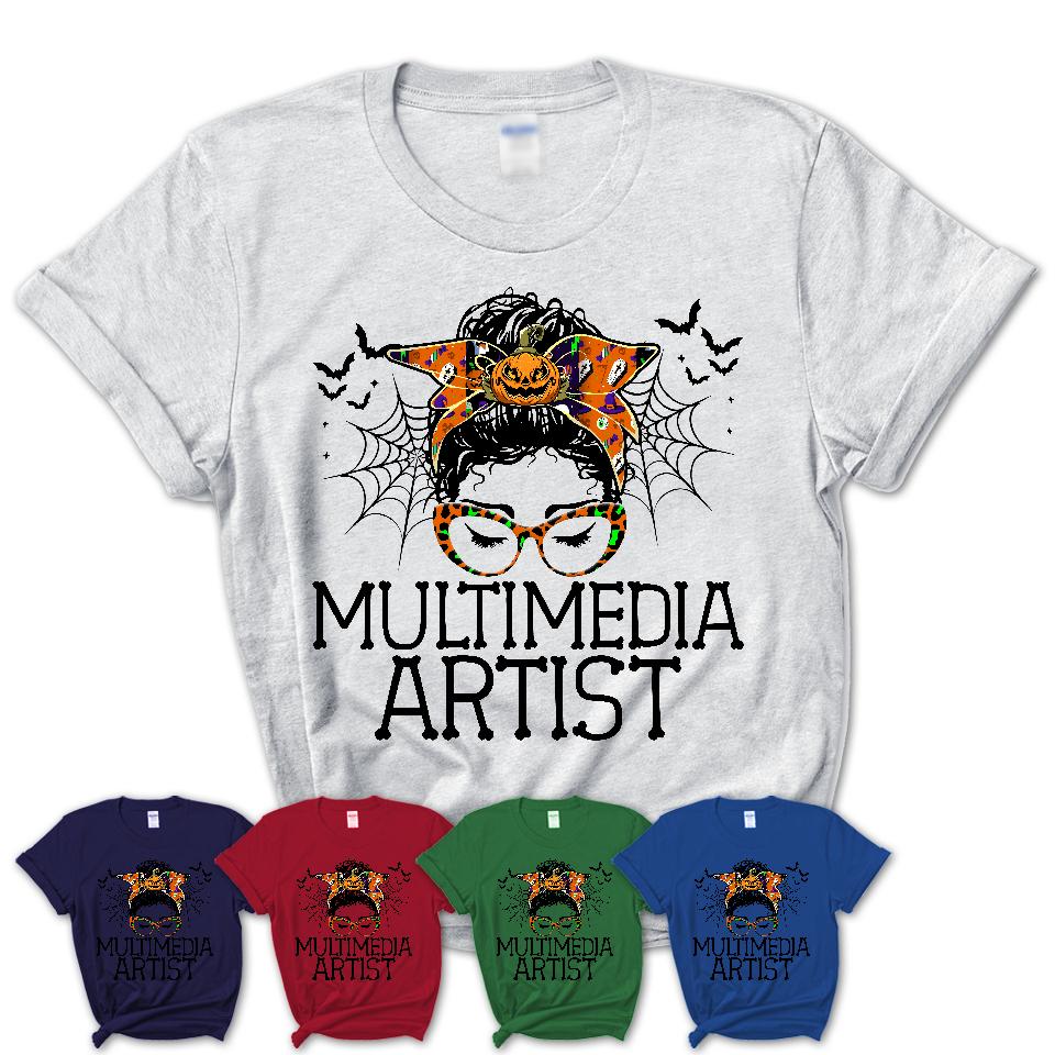 Halloween Multimedia Artist Shirt, Messy Bun Girl Shirt, Funny Coworker Gift in Halloween, Scary Costume Team Shirt