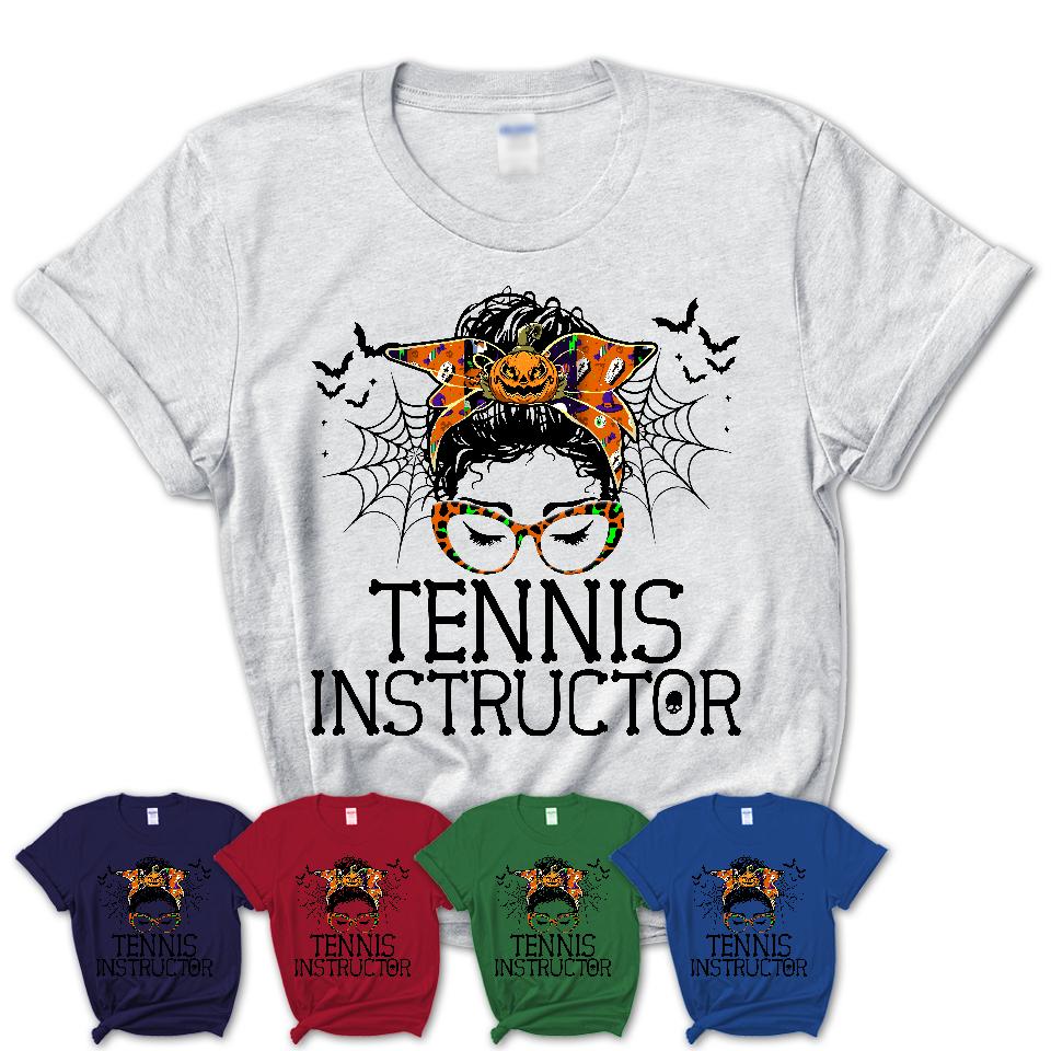 Halloween Tennis Instructor Shirt, Messy Bun Girl Shirt, Funny Coworker Gift in Halloween, Scary Costume Team Shirt