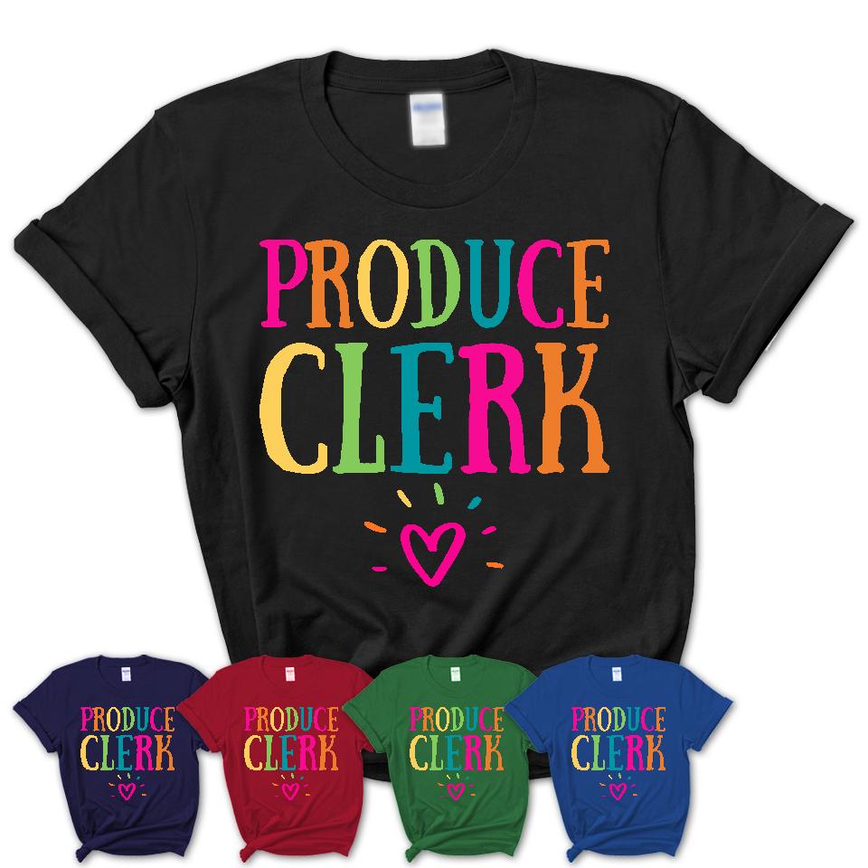 Produce Clerk Rainbow Lettering Heart Shirt, Employee Appreciation Gifts