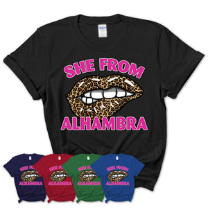 She From Alhambra California Gift Cheetah Leopard Sexy Lips Shirt