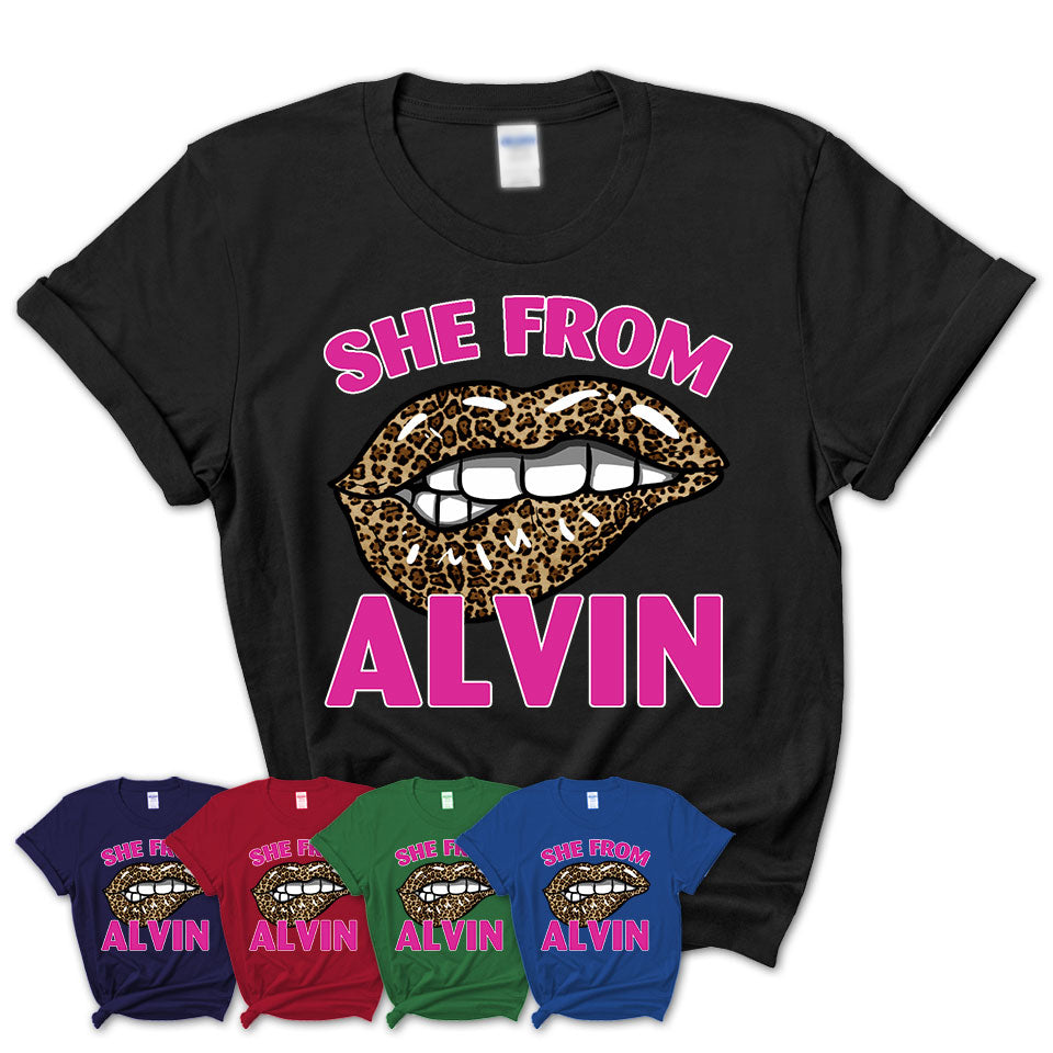 She From Alvin Texas Gift Cheetah Leopard Sexy Lips Shirt