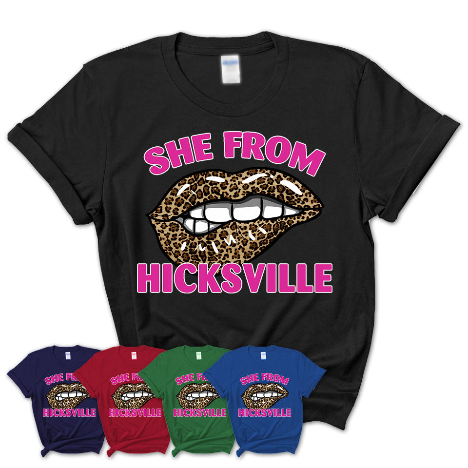 She From Hicksville New York Gift Cheetah Leopard Sexy Lips Shirt