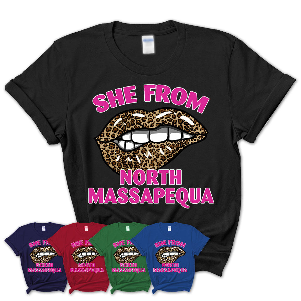 She From North Massapequa New York Gift Cheetah Leopard Sexy Lips Shirt