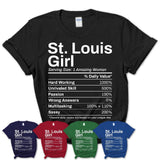 St. Louis Girl Missouri Nutrition Facts Proud Vintage Sport Born Living City Home Roots USA Gift Women T-Shirt