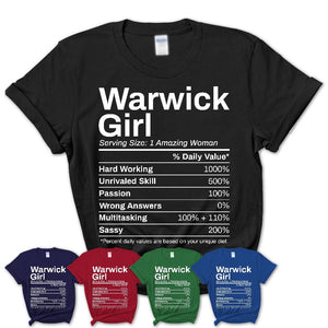 Warwick Girl Rhode Island Nutrition Facts Proud Vintage Sport Born Living City Home Roots USA Gift Women T-Shirt