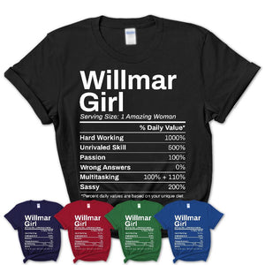 Willmar Girl Minnesota Nutrition Facts Proud Vintage Sport Born Living City Home Roots USA Gift Women T-Shirt