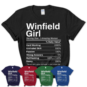 Winfield Girl Kansas Nutrition Facts Proud Vintage Sport Born Living City Home Roots USA Gift Women T-Shirt