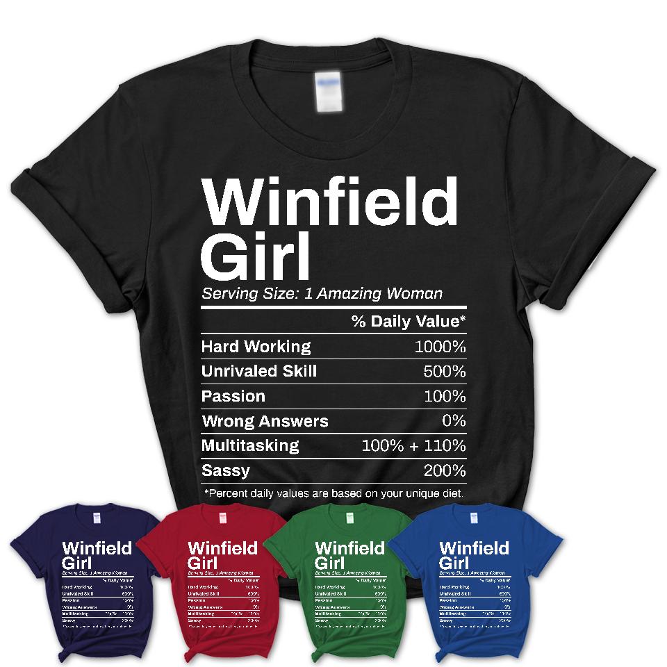 Winfield Girl Kansas Nutrition Facts Proud Vintage Sport Born Living City Home Roots USA Gift Women T-Shirt